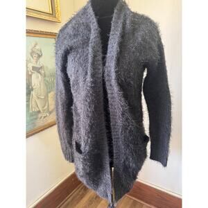 Fuzzy Eyelash Knit Open Front Cardigan Gray Long Small